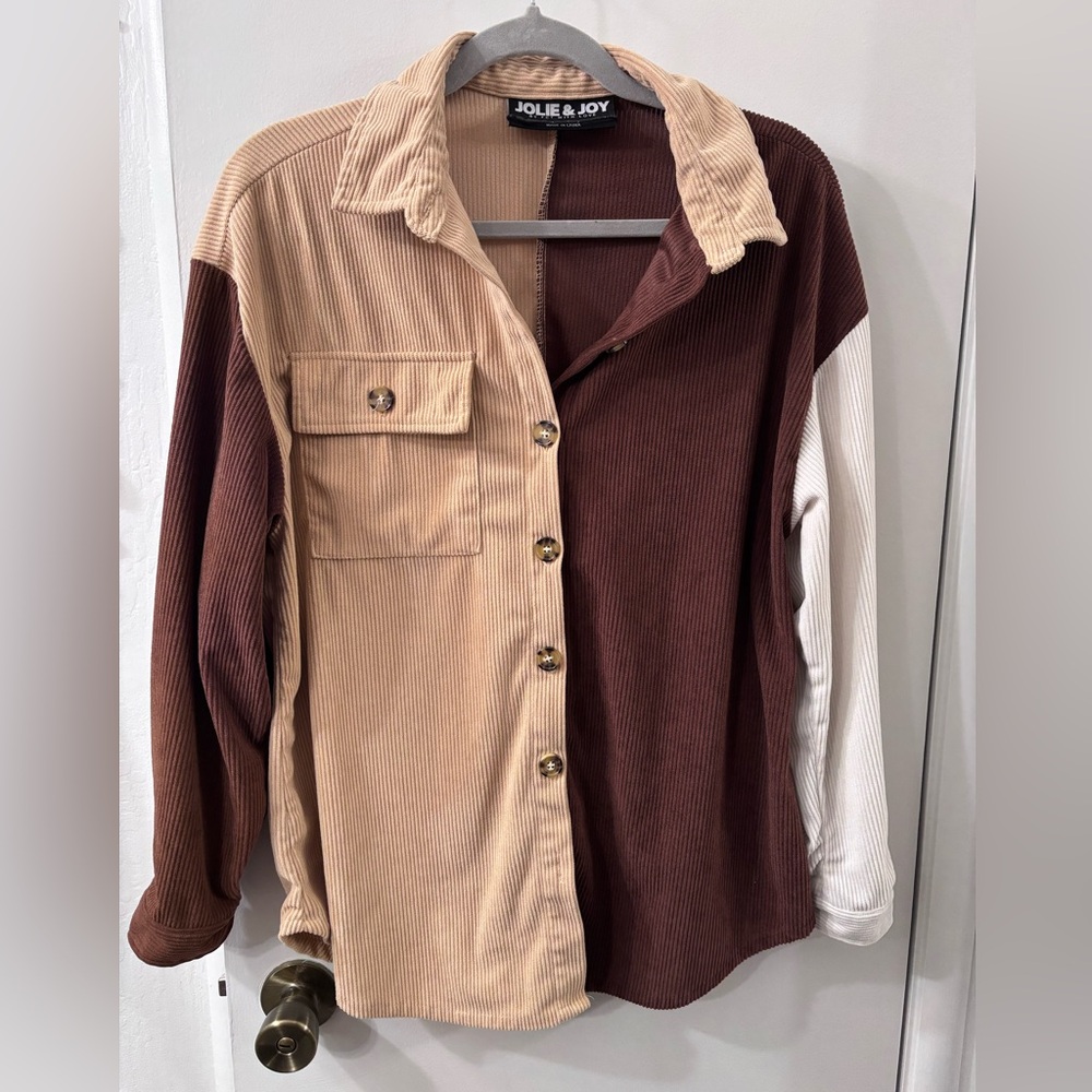 Jolie & Joy Women's Colorblock Button Down Shirt - Brown, Cream, White - Picture 1 of 7